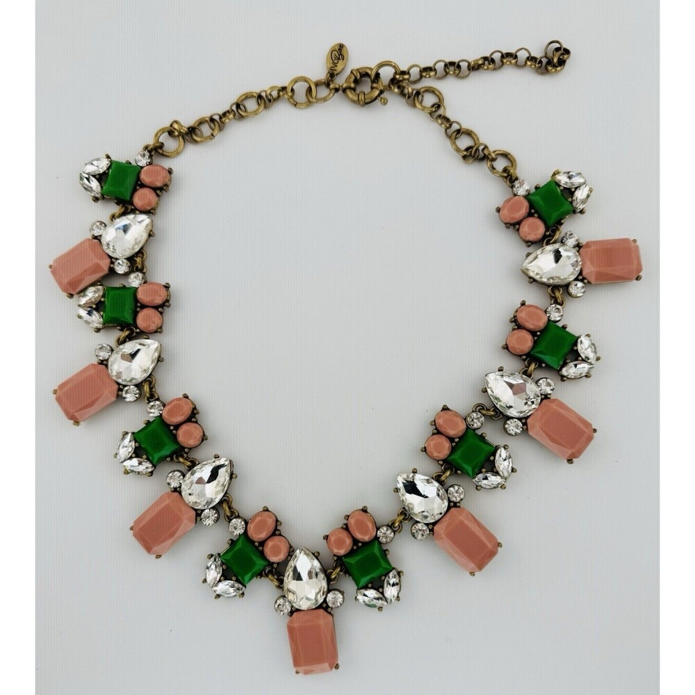 J Crew For Ivy Box Statement Necklace Green Pink Clear Crystals 20” HTF